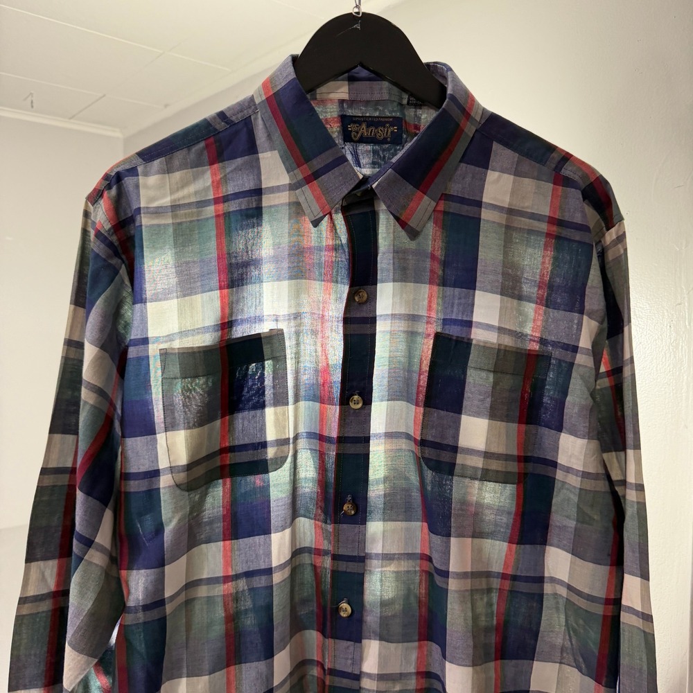 Vintage The An-sir Shirt XL Plaid Button Up Long Sleeve Rockabilly Thin 70s 80s